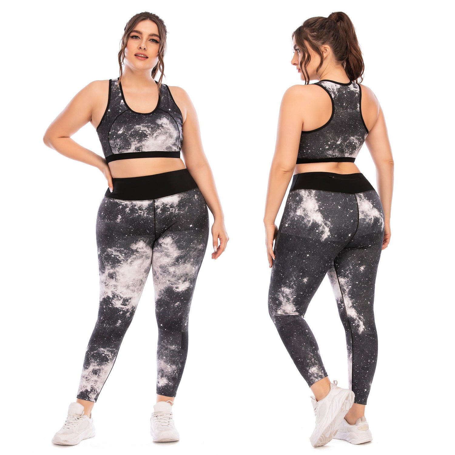 Plus Size Workout Set Yoga Clothes Print Gray Polyester Tight Fitting Pants And Sports Bra