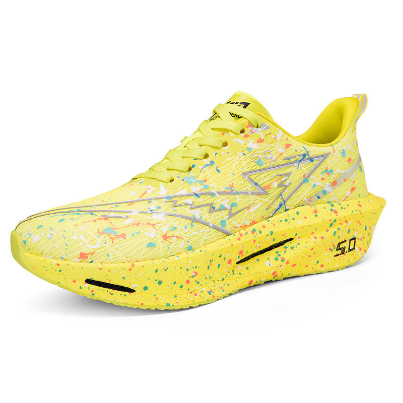 Iridescent patchwork running sneakers, neon yellow with holographic splatter and black stripe