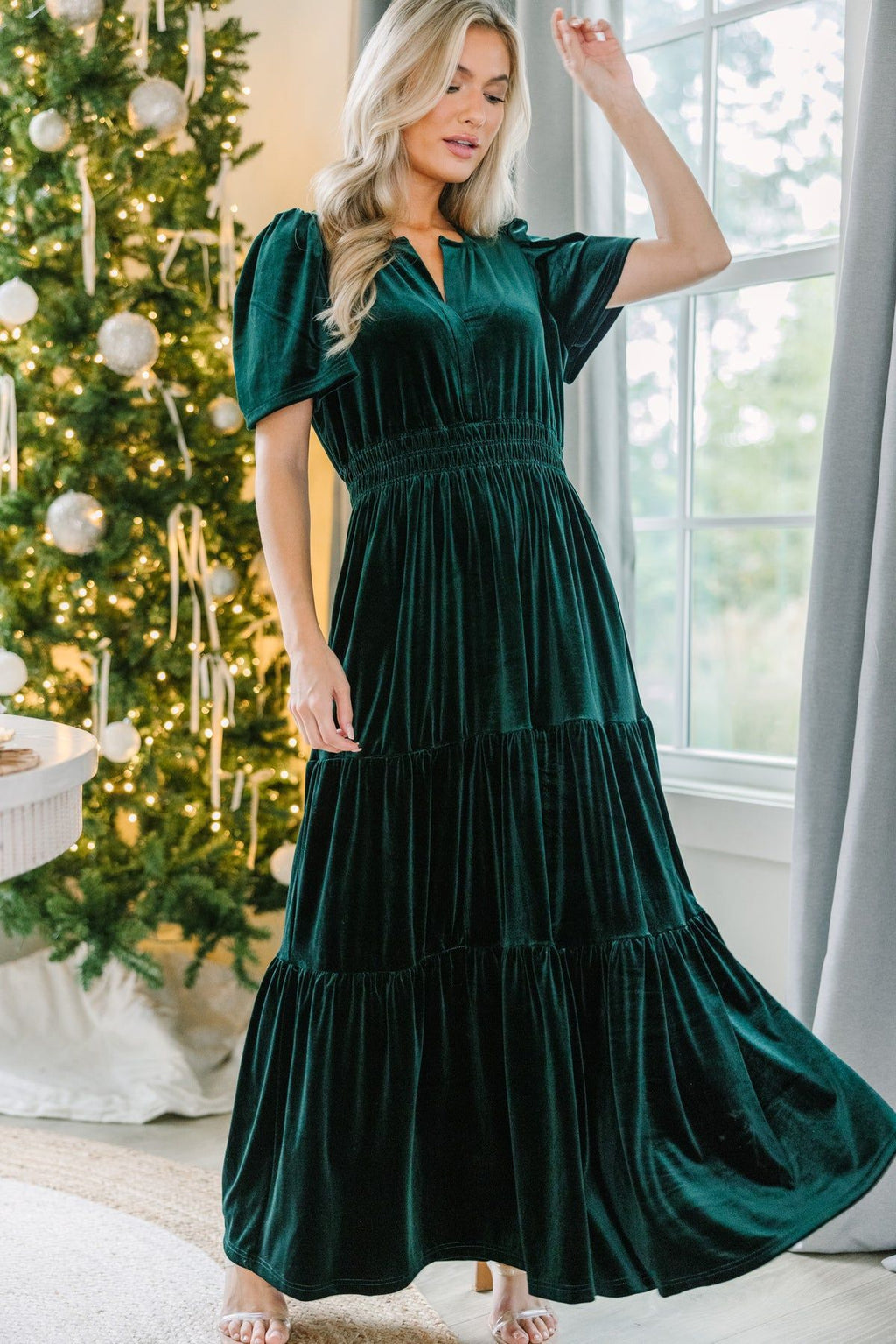 Forest green velvet tiered maxi dress with puff sleeves and gathered waist