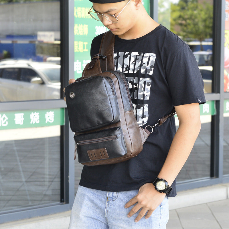 Mens PU Leather Chest Bag Large Capacity Messenger Shoulder Bag Black for Travel Work Everyday Use