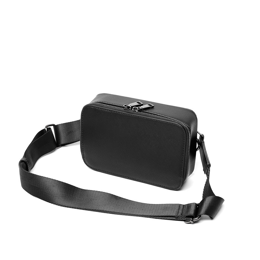 Korean Casual Men's Horizontal Crossbody Bag PU Leather Waterproof Black for Leisure Travel with Sewing Line Detail