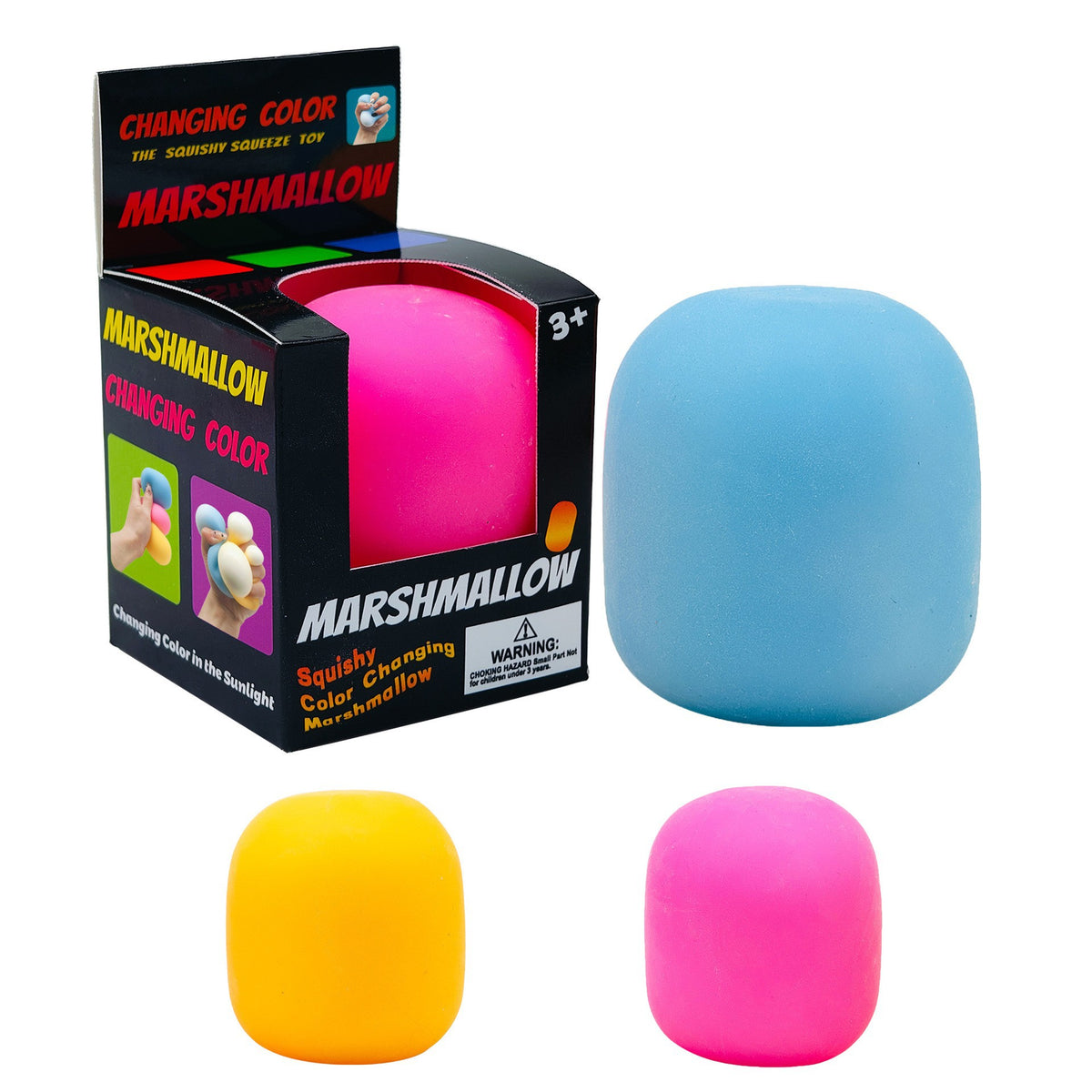 Color-changing marshmallow squishy squeeze toy with box; blue, yellow, and pink cubes shown