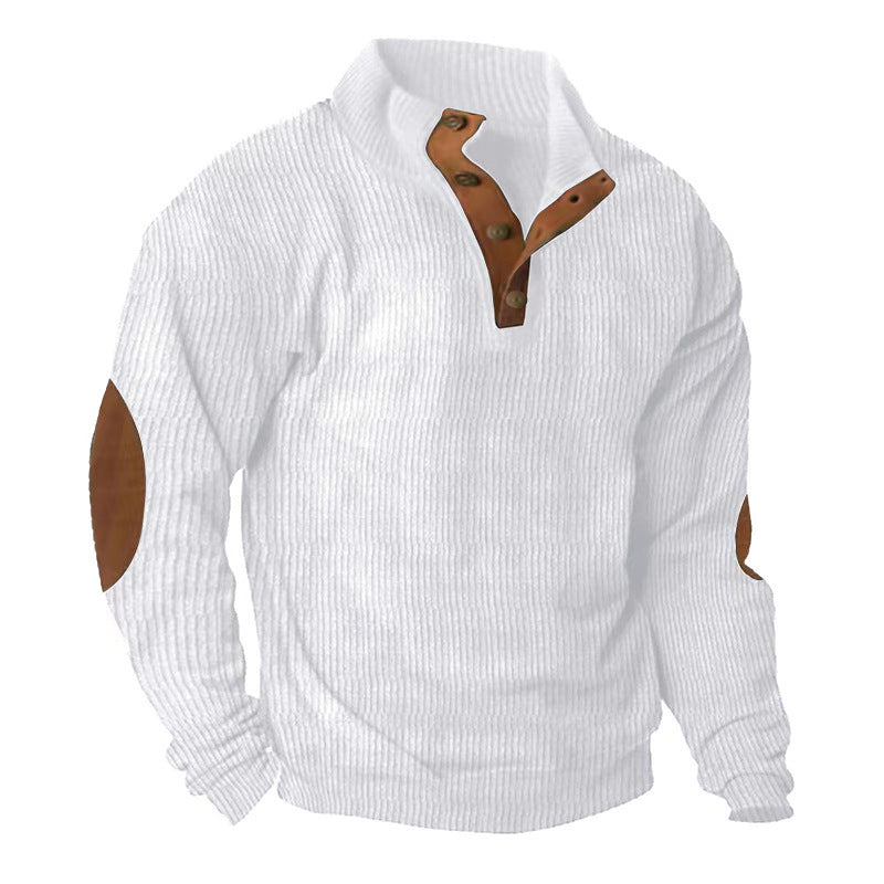 White corduroy stand-collar pullover sweater with snap placket and long sleeves