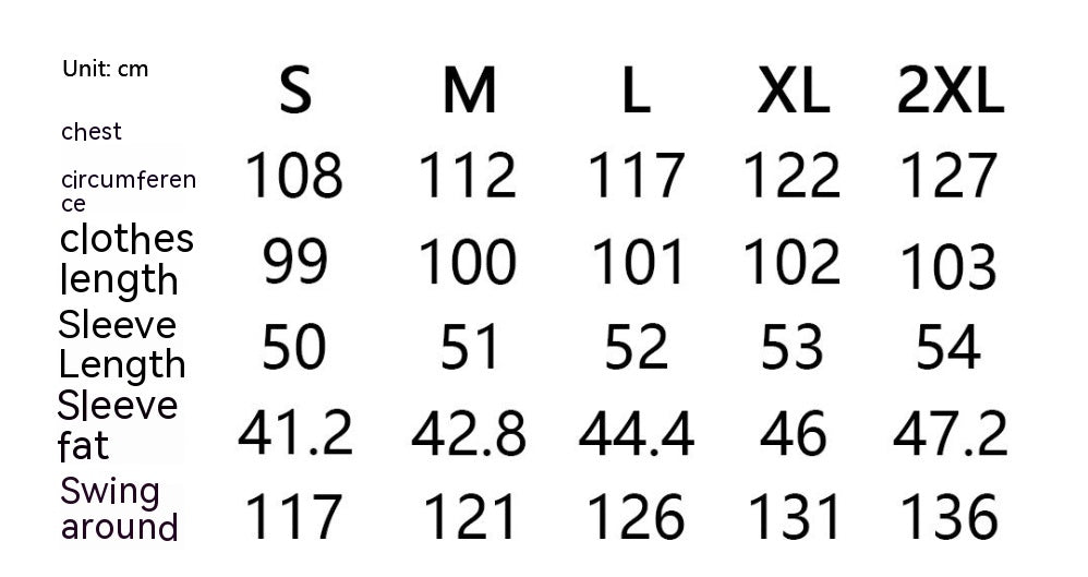 Size chart for women’s coat: chest 108–127 cm; clothes length 99–103 cm