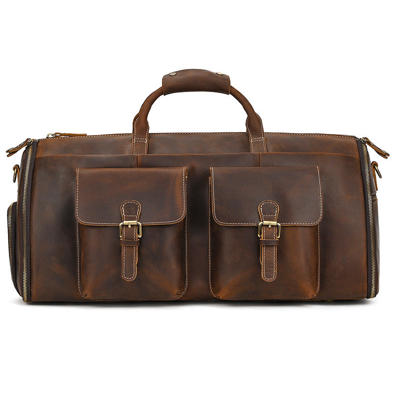 20 Inch Large Capacity Travel Bag For Men With First Layer Cowhide Leather Shoulder Messenger Style Solid Color