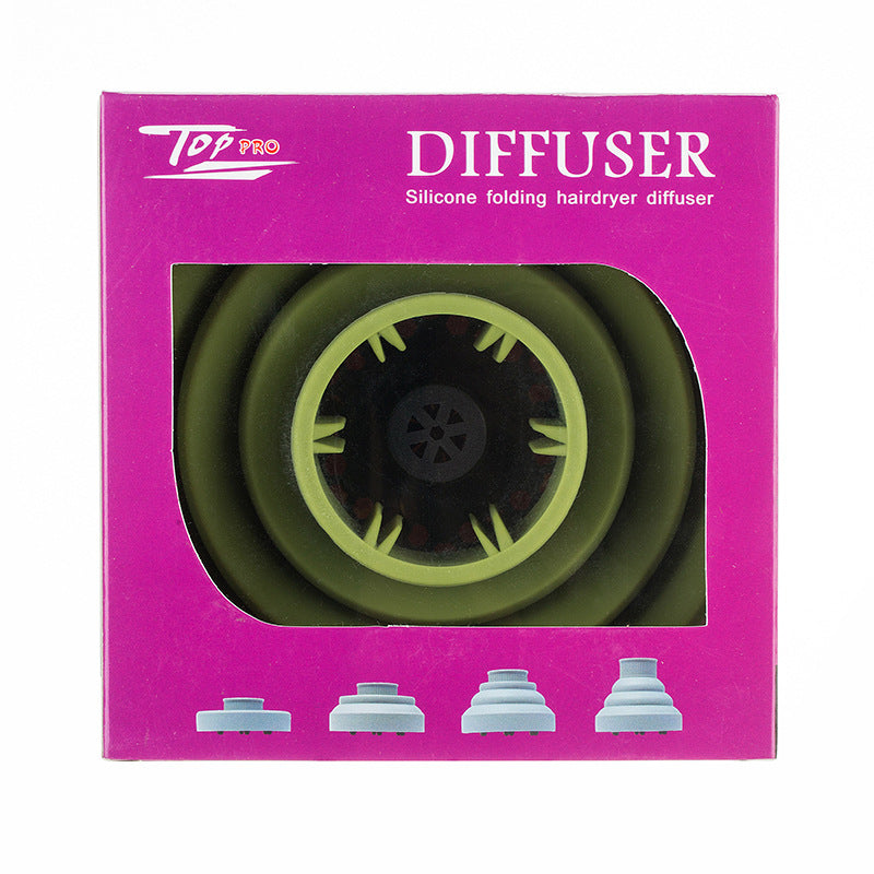 Green silicone folding hair diffuser in retail box with circular mesh insert