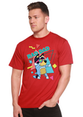 Men's red short-sleeve graphic T-shirt with colorful “Rad Dad” character print