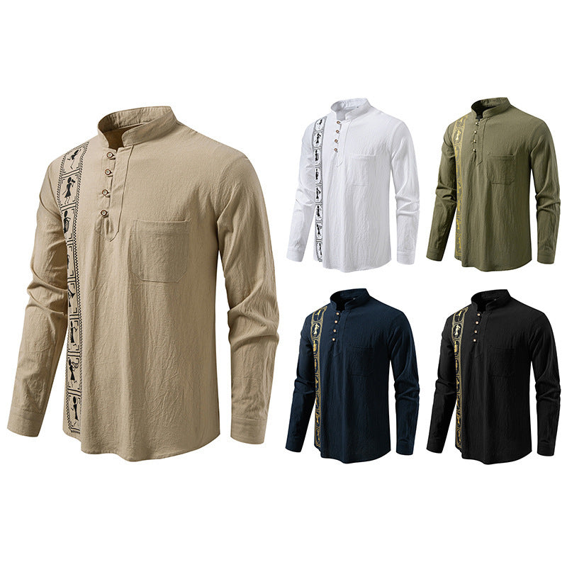 Printed Men's European Size Solid Color Cotton And Linen Shirt