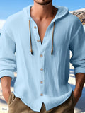 Men's long-sleeve hooded button-down shirt in light blue, front button placket