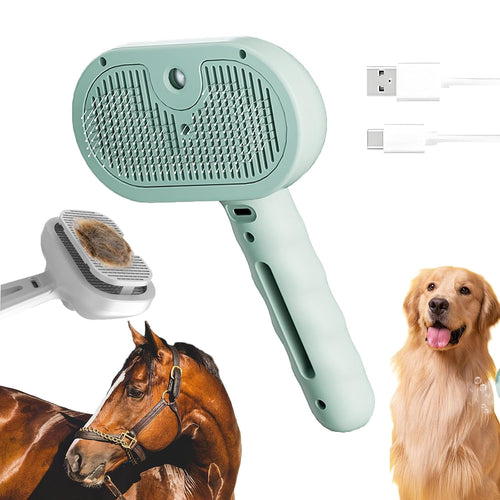 Mint pet steam brush with silicone bristle pad and self-cleaning handle