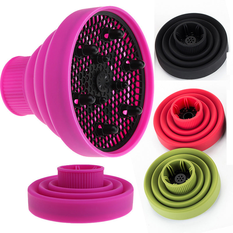 Silicone folding hair diffuser set with pink, black, red, and green mesh screens