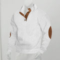 White jacquard knit pullover sweater, stand collar with brown-button placket and ribbed hem