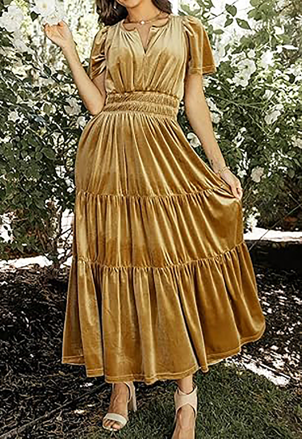 Gold velvet tiered maxi dress with puff sleeves and gathered waist