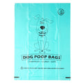 Blue dog poop bag with cartoon dog graphic and leakproof, sturdy, safe labeling