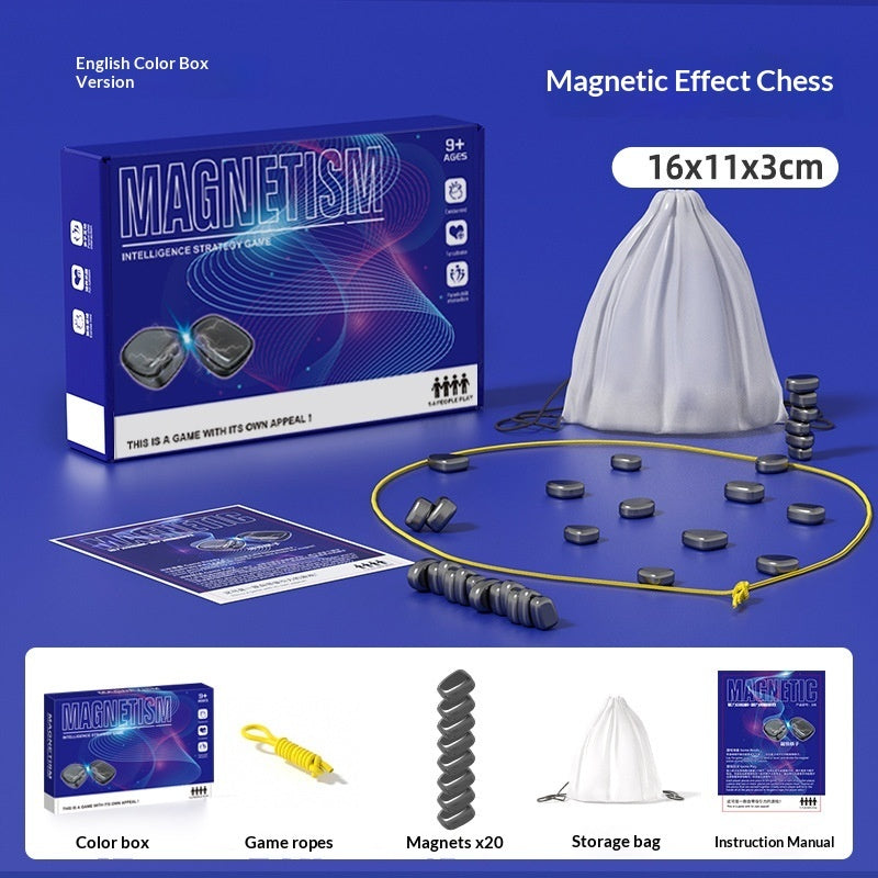 Magnetic chess board game with oval magnets, rope, storage bag, and instruction card