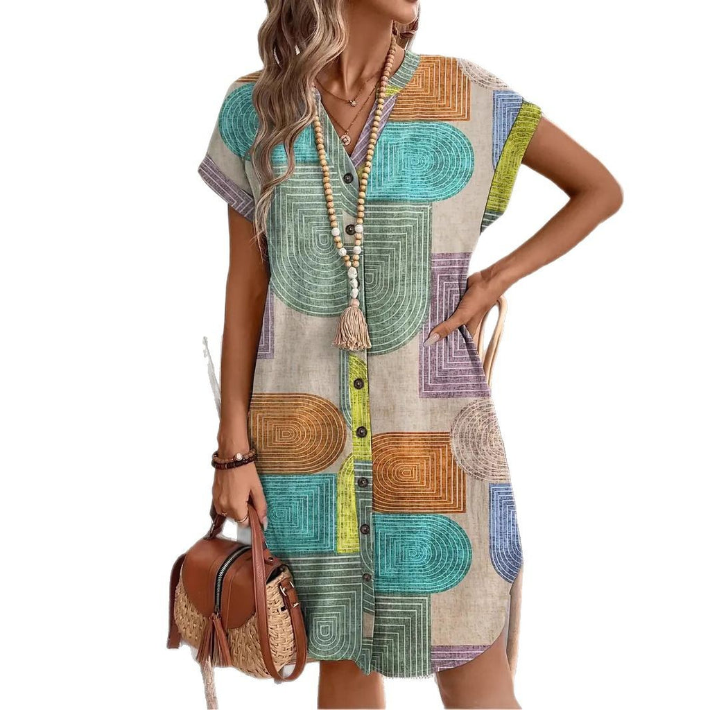 Multi-color woven V-neck button-front dress with short sleeves and geometric circle print