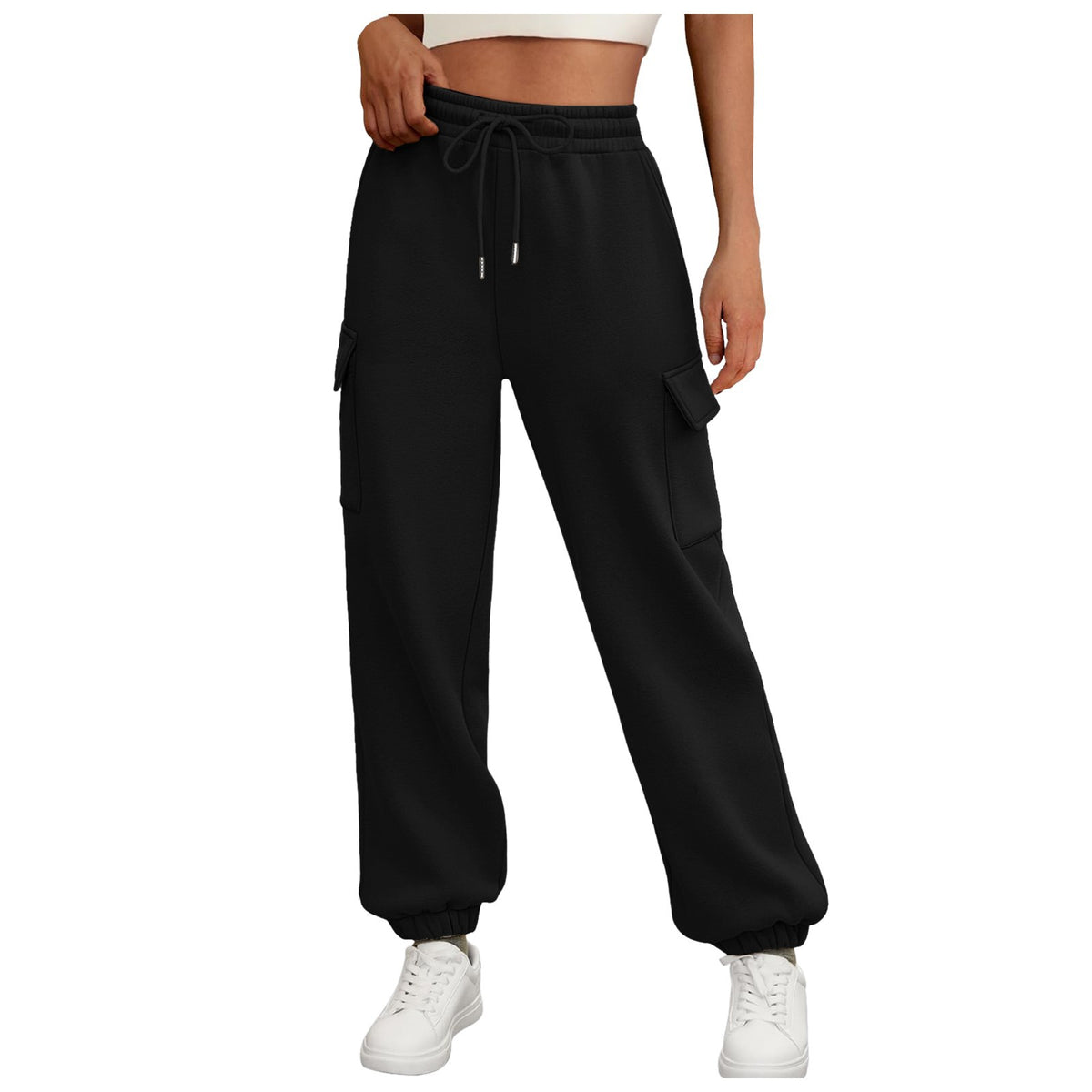 Women’s baggy cargo jogger sweatpants with drawstring waist, side pockets, black