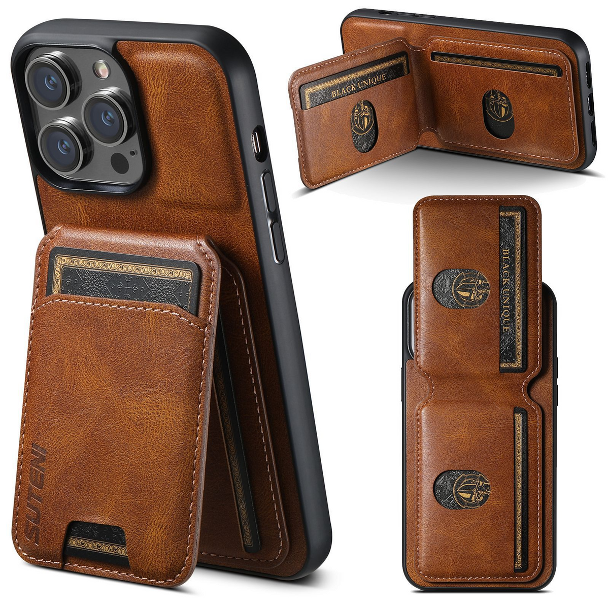 Brown leather phone case with front card holder and flip wallet back