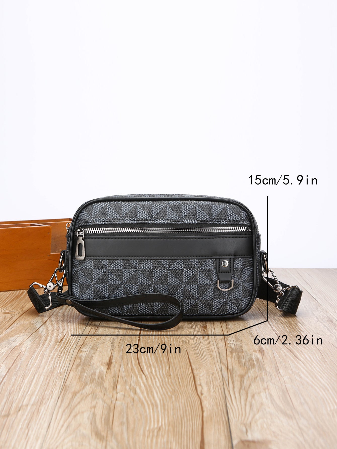Casual Mens Horizontal Messenger Bag Large Capacity PU Leather Shoulder Bag Wear Resistant Geometric Pattern