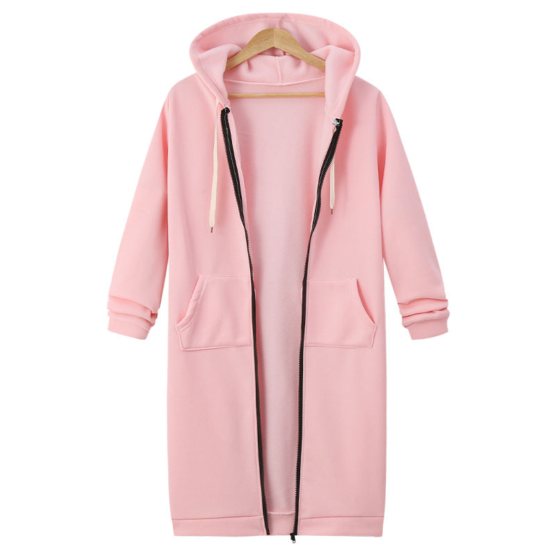 Pink hooded long-sleeve fleece jacket with full zipper and drawstring hood