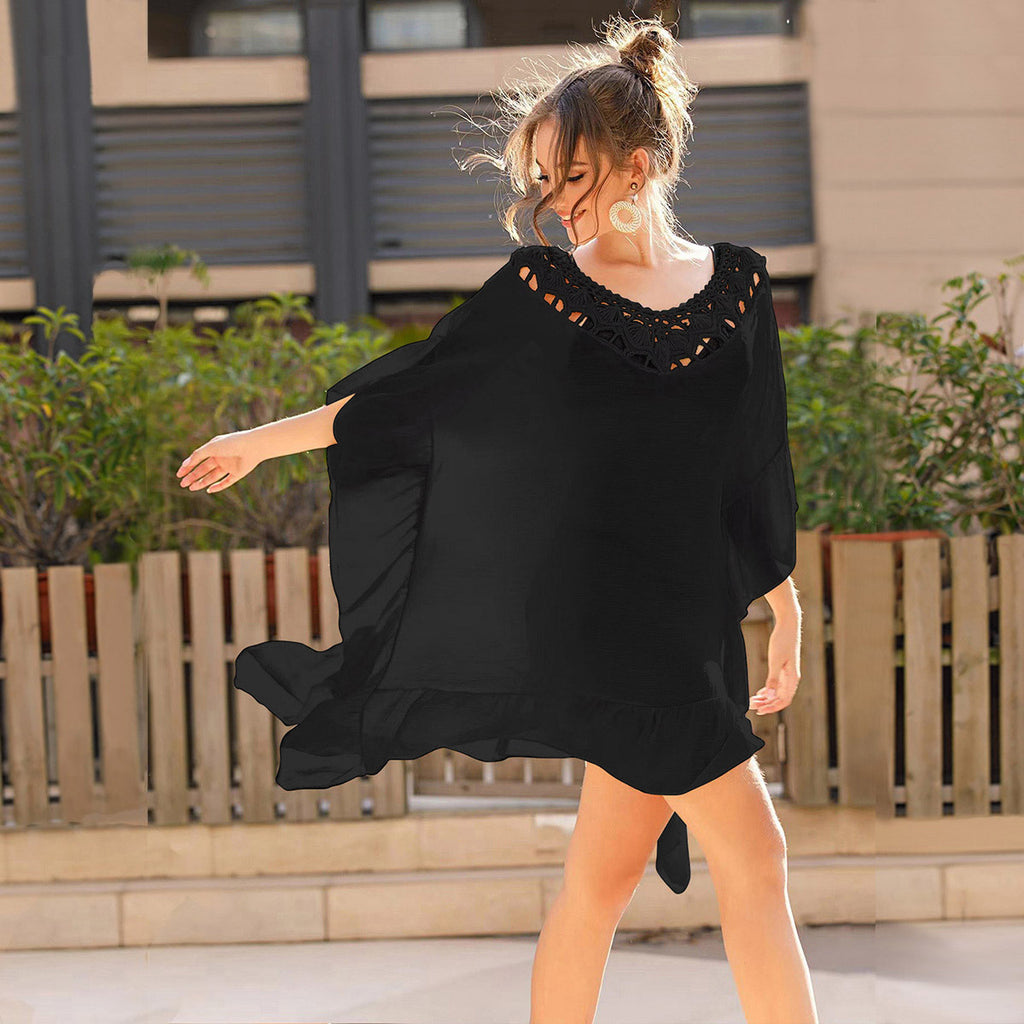 Black Polyester Beach Cover Up Tassel Square Overskirt Hand Crocheted Free Size Stitching