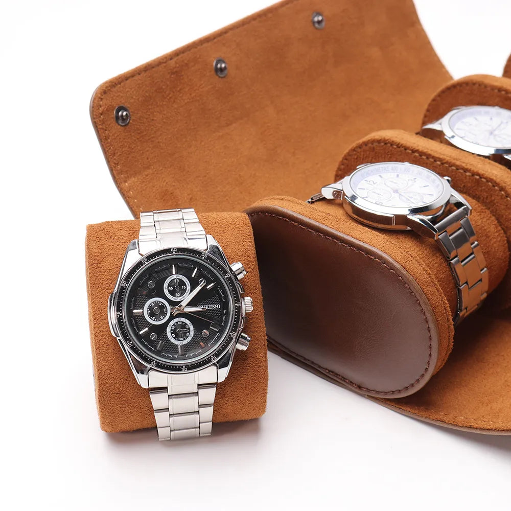 Three-slot travel watch case in brown with open compartments and cushioned watch rolls