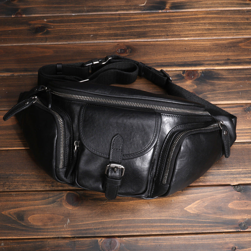 Genuine First Layer Cowhide Chest Bag For Outdoors And Commute Ultralight Crossbody For Men Black