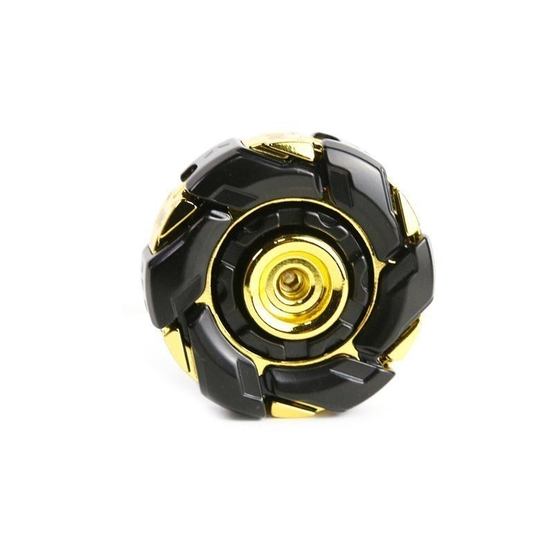 Black and gold fingertip gyro decompression toy with circular hub and segmented outer shell
