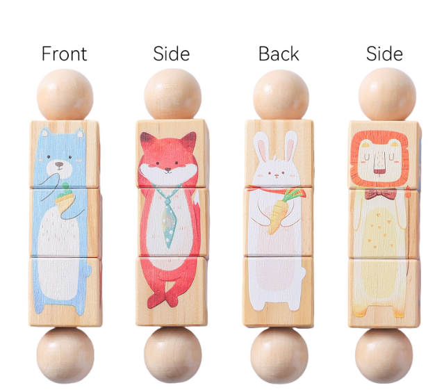 Wooden rotating animal puzzle handbell shown from front, side, back, and side