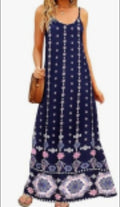Dark blue boho maxi dress with spaghetti straps and floral border hem