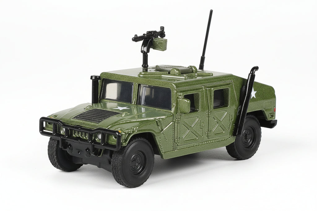 Green alloy military model vehicle with turret and mounted machine gun accessories