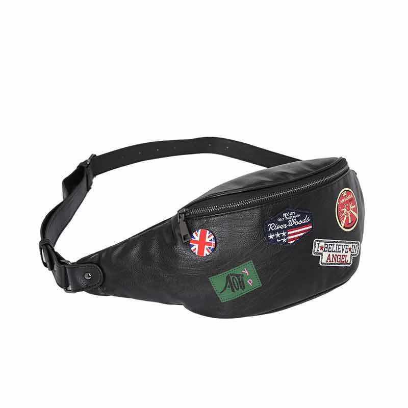 Men's PU Leather Badge Waist Bag And Shoulder Bag Waterproof Crossbody Geometric Pattern Black Street Style