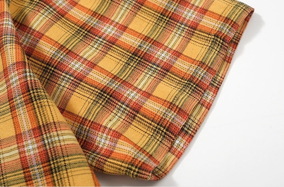 Embroidery Yellow Short Sleeve Plaid Shirt