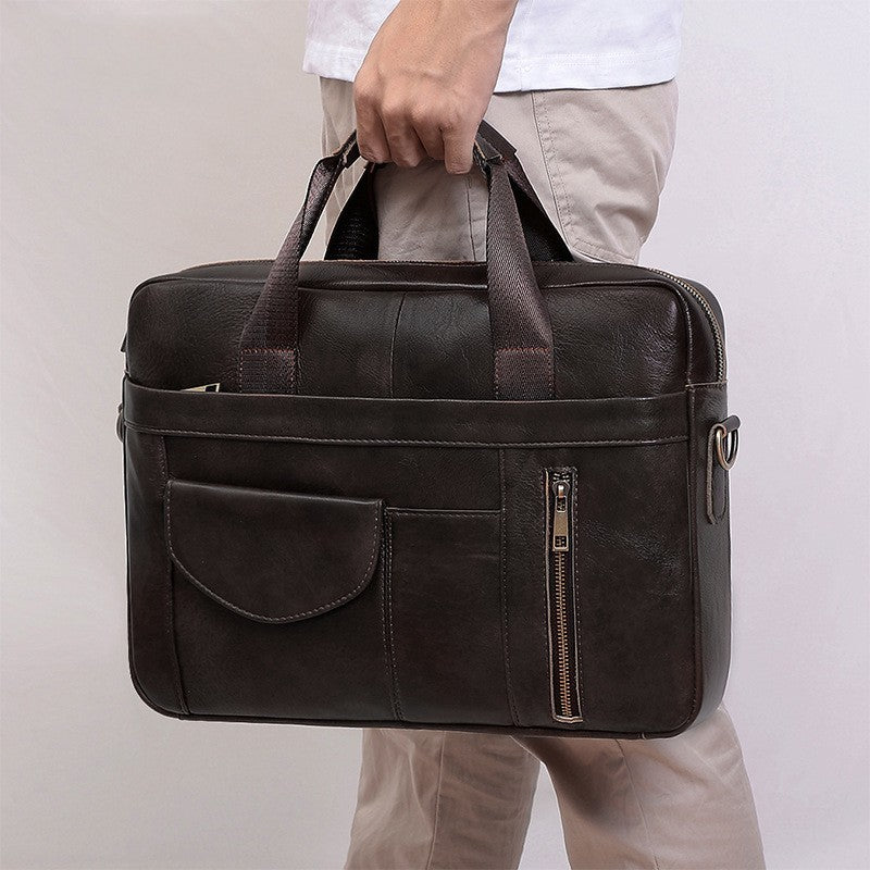 Simple Casual Mens Genuine Leather Handbag Durable Wear Resistant Construction In Brown