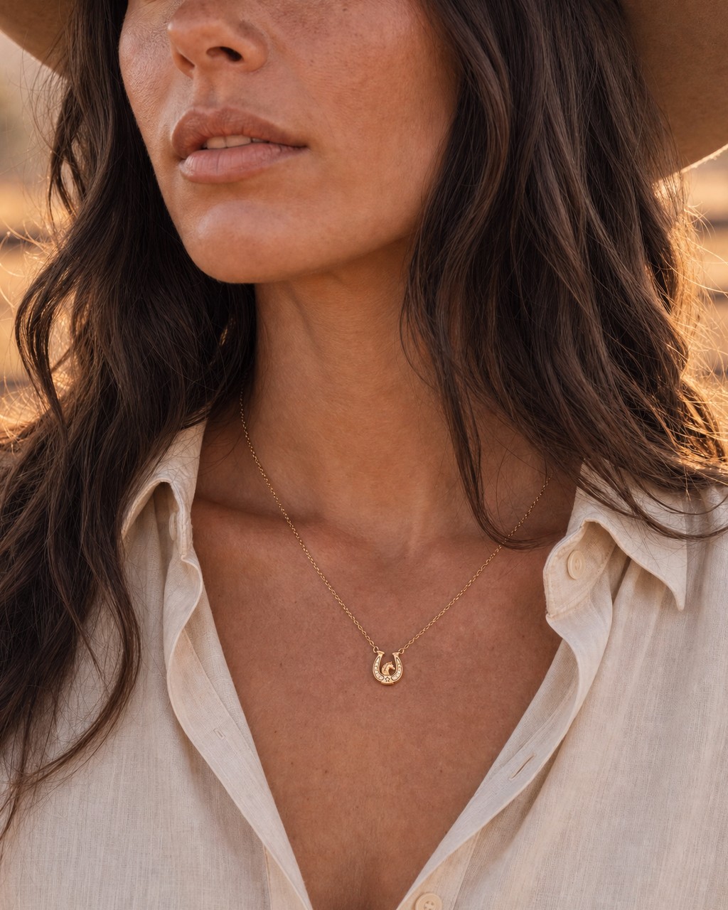 Gold horseshoe pendant necklace worn by a model, close to neckline