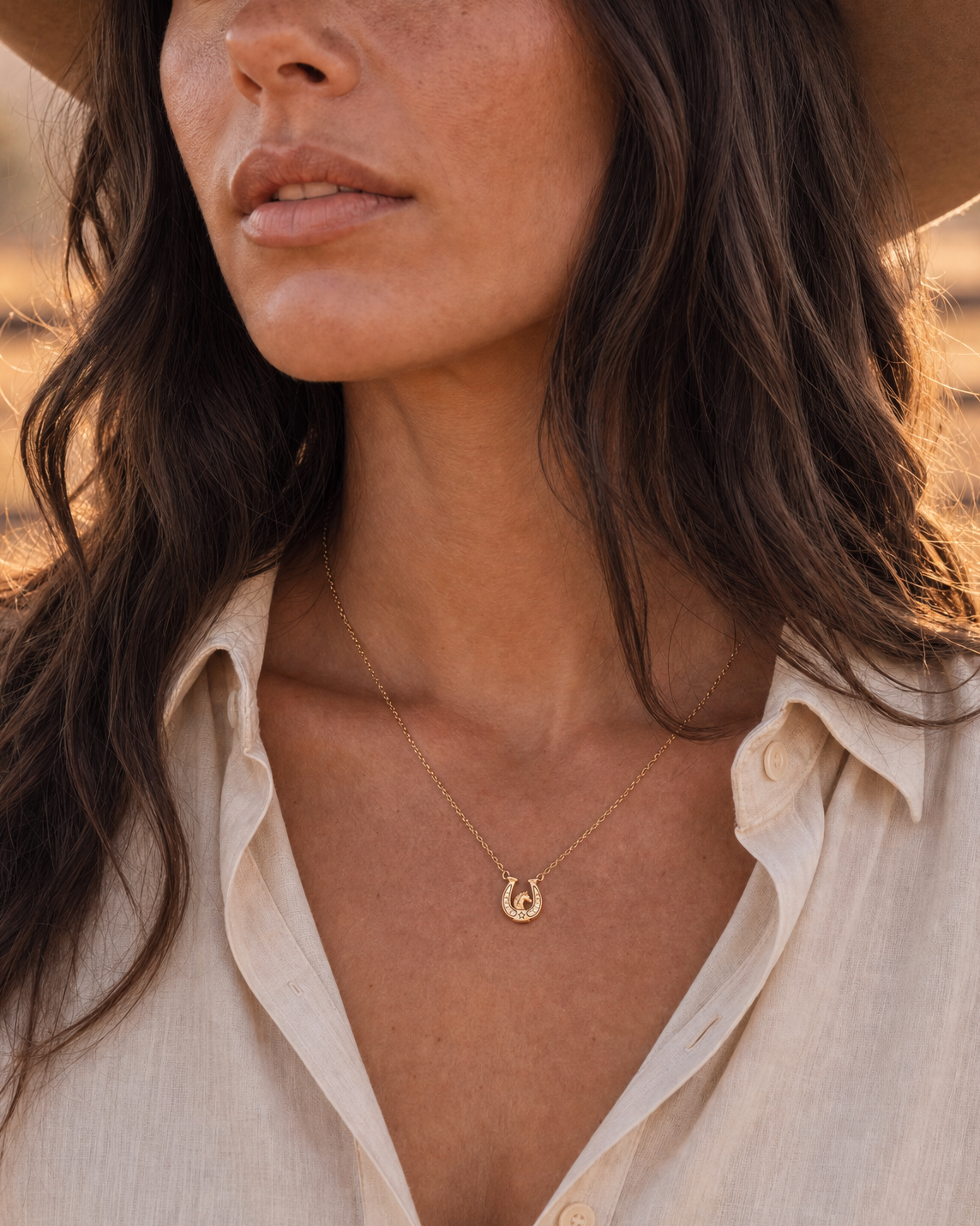 Gold horseshoe pendant necklace worn by a model, close to neckline