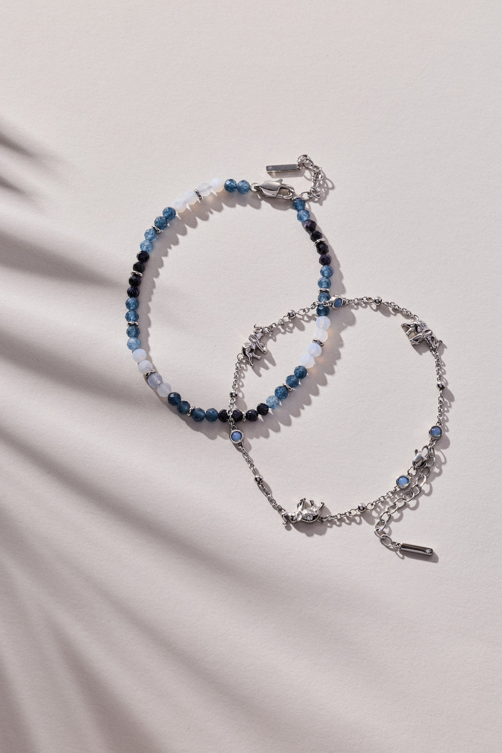 Blue ombre beaded anklet on silver chain, dark blue and light blue bead pattern