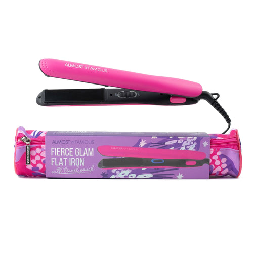 Pink flat iron with black plates and matching travel pouch, patterned exterior
