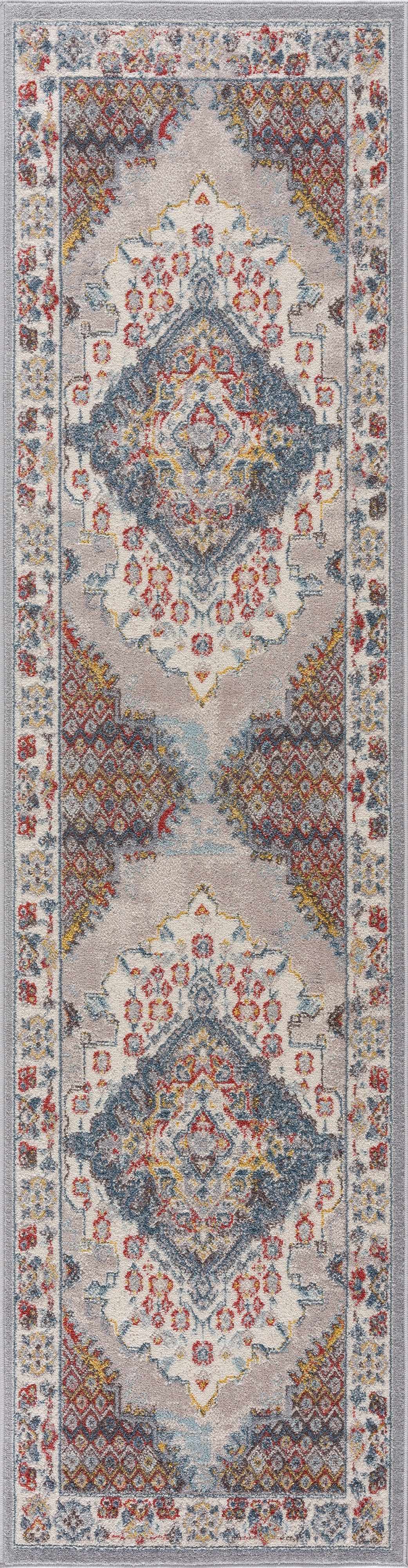 Traditional runner rug with light base, repeating medallion motifs and multicolor border