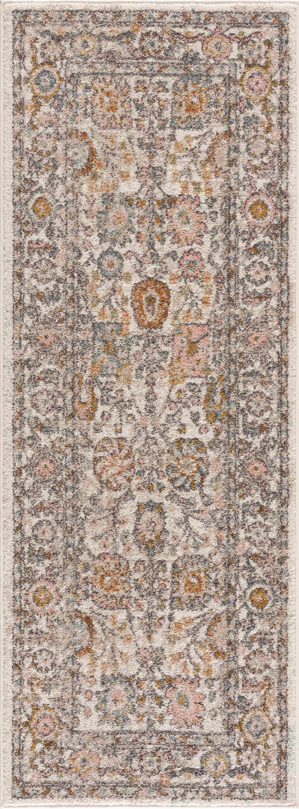 Traditional area rug with distressed all-over ornament and border in charcoal, dusty pink, and mustard.