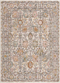 Traditional area rug, cream ground with ornate medallion in charcoal, dusty pink, and mustard.