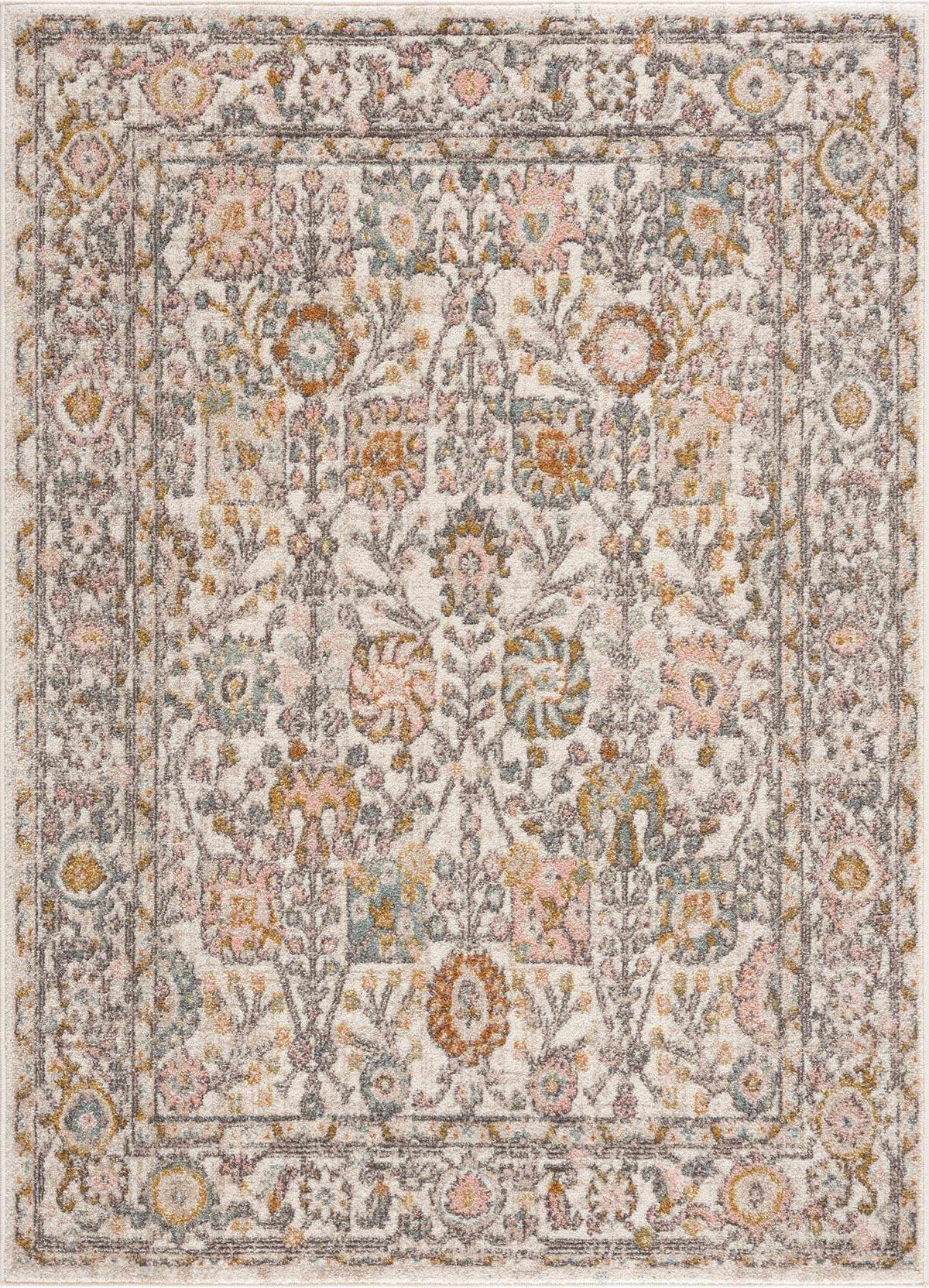 Traditional area rug, cream ground with ornate medallion in charcoal, dusty pink, and mustard.