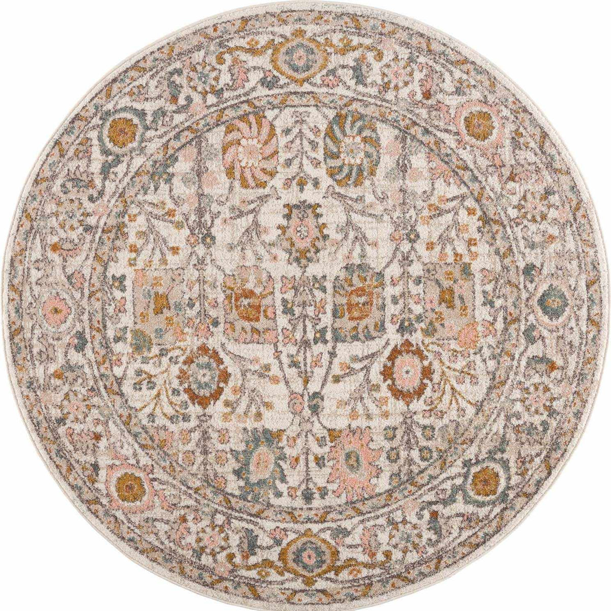Round traditional area rug, detailed medallion pattern in charcoal, dusty pink, and mustard on cream.