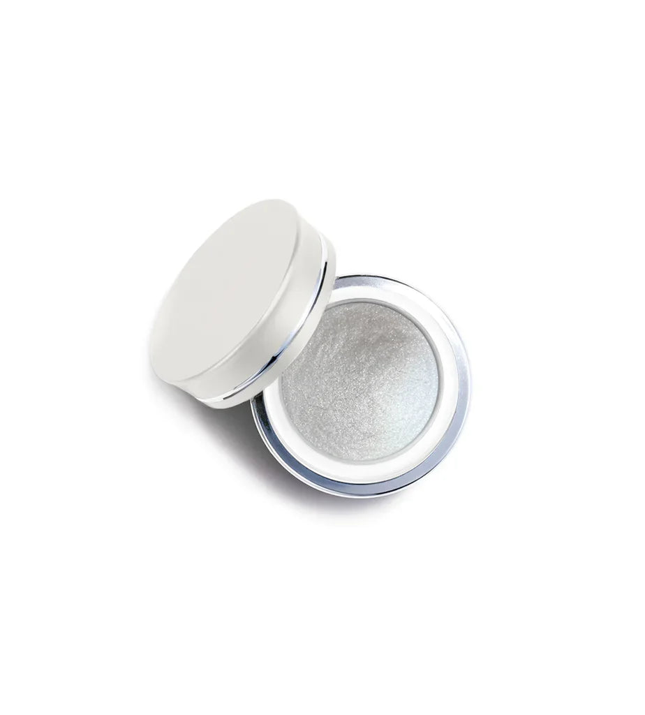 Silver pearlescent gel-play powder jar with open lid and fine metallic powder