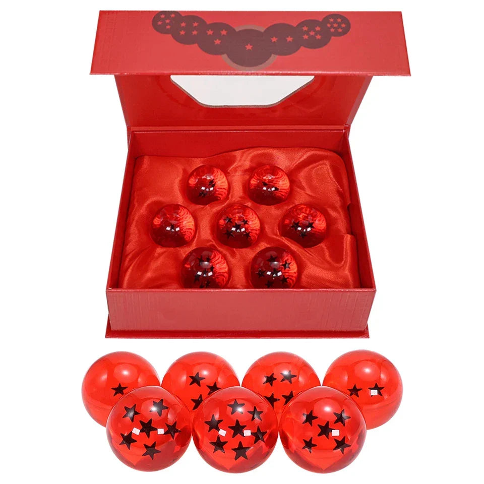 Red resin crystal globe set in open box with seven red spheres and black star emblems