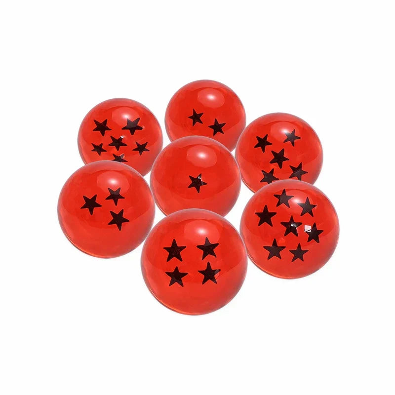 Set of seven red resin crystal globe spheres with black star decals