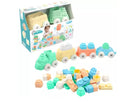 Soft squish train building blocks set with three toy trains and colorful pieces