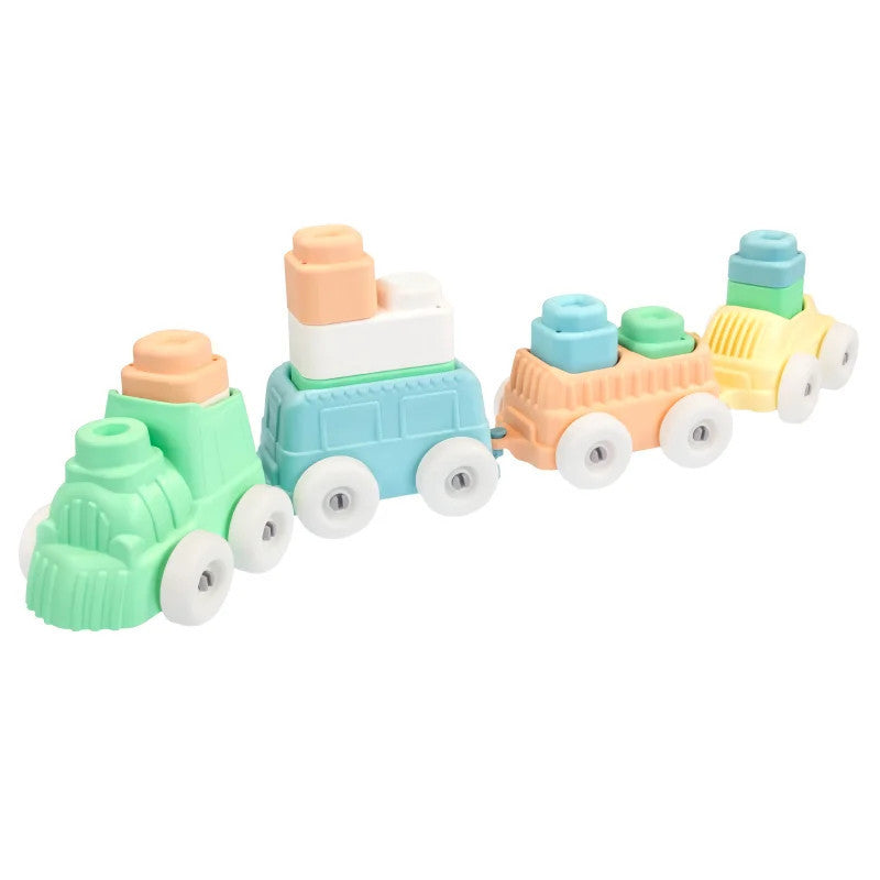 Squish-style train building blocks with four connected vehicles in pastel colors