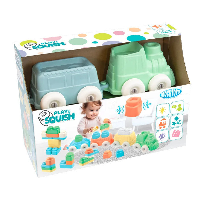 Train building blocks set box featuring green and blue squish trains