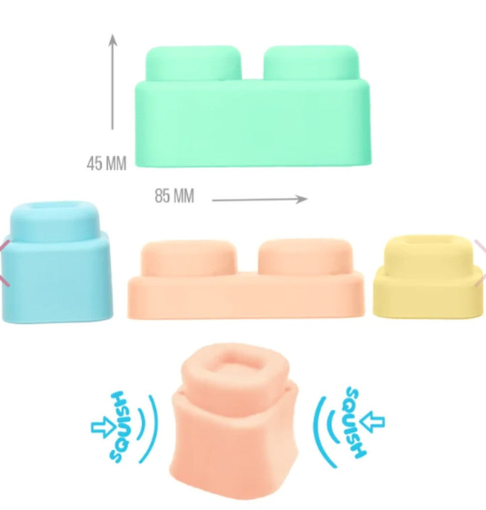 Soft squish blocks with size guide and sound icons on pastel pieces